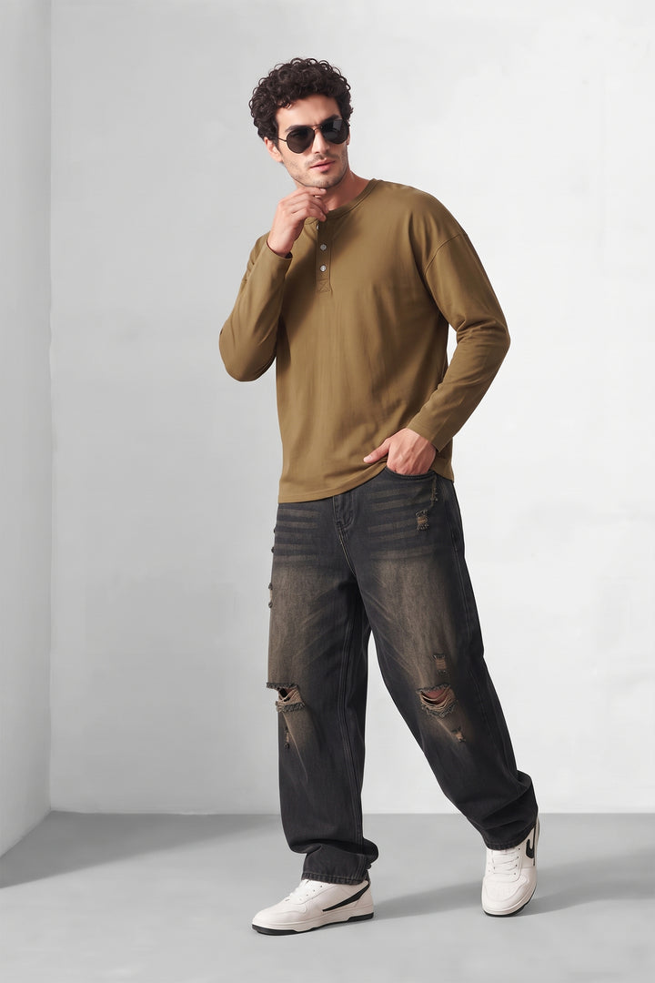 Green Boxy Fit Long Sleeve Henley T-Shirt