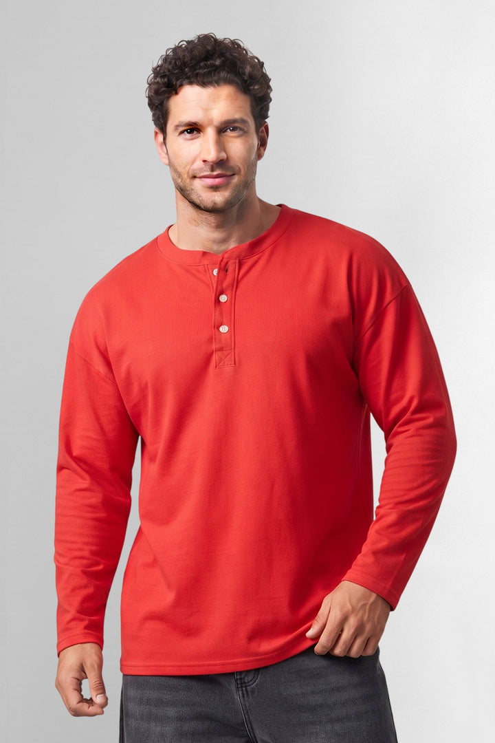 Red Matty Cotton Long Sleeve Henley T-Shirt