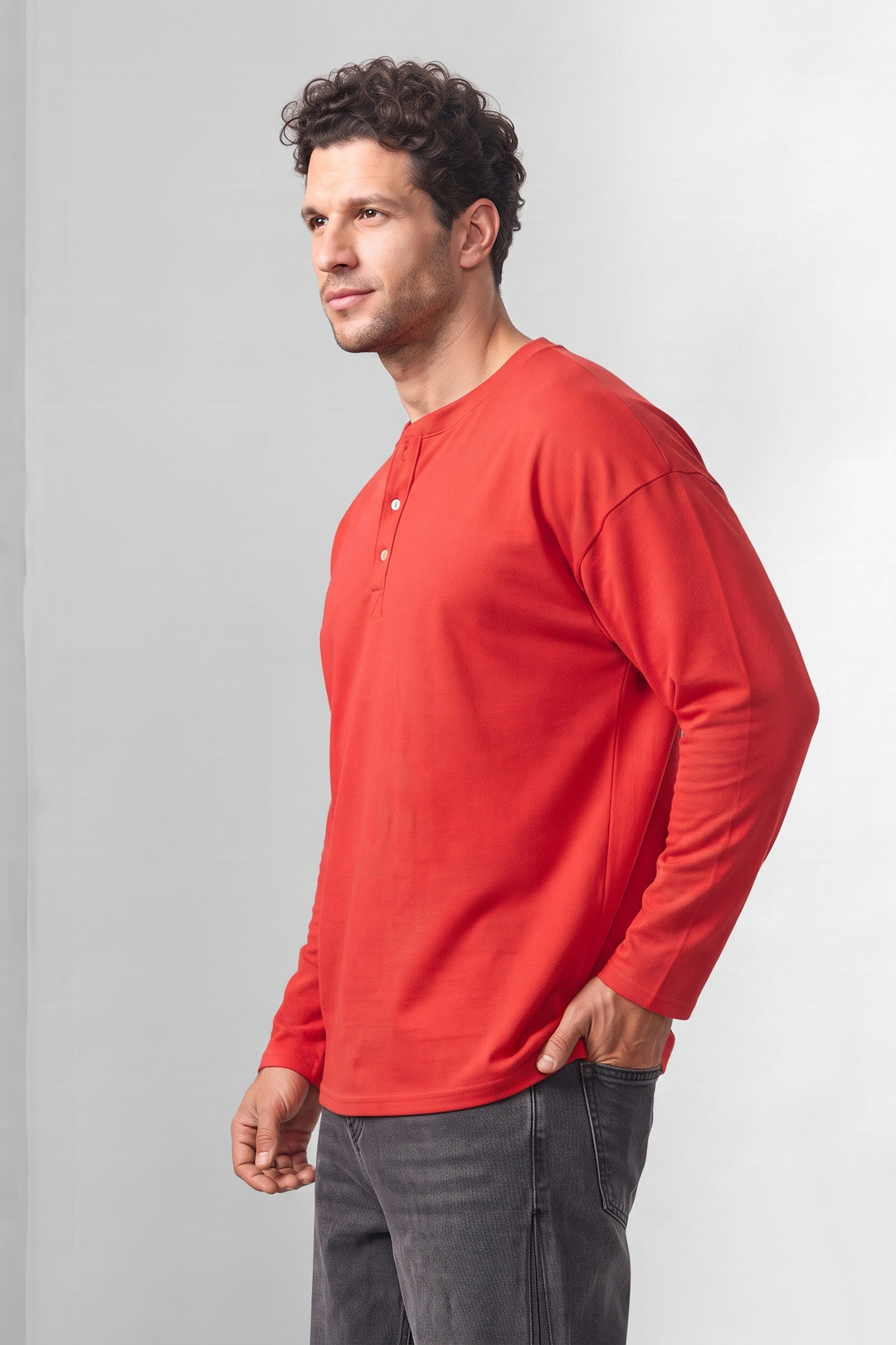 Red Matty Cotton Long Sleeve Henley T-Shirt