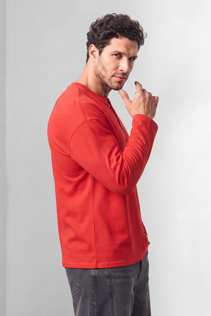 Red Matty Cotton Long Sleeve Henley T-Shirt