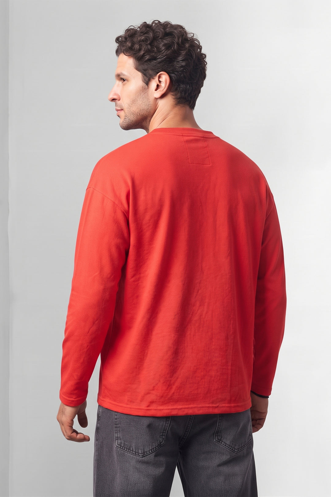 Red Matty Cotton Long Sleeve Henley T-Shirt