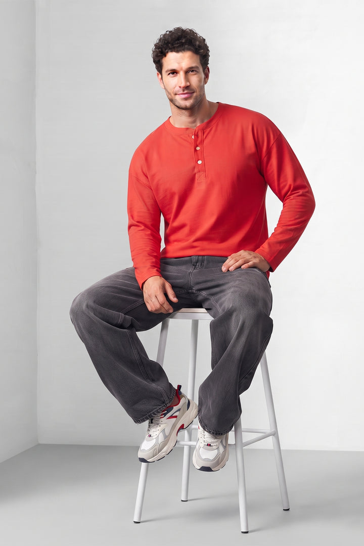 Red Matty Cotton Long Sleeve Henley T-Shirt
