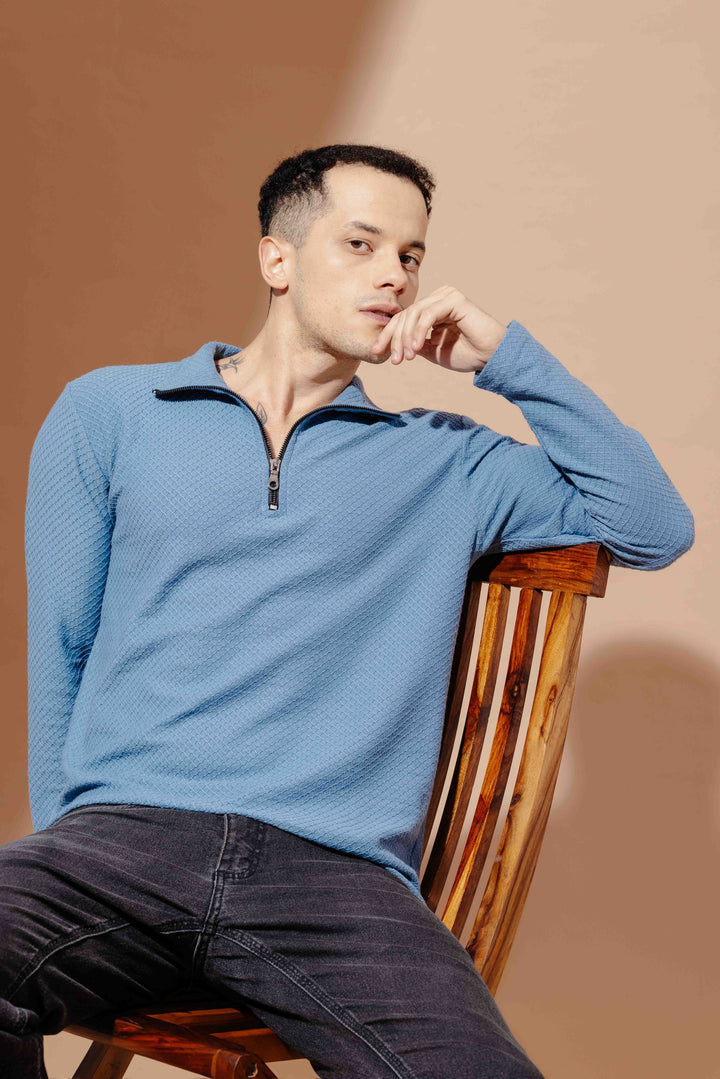 Blue Self Design Zipper Collar T-Shirt