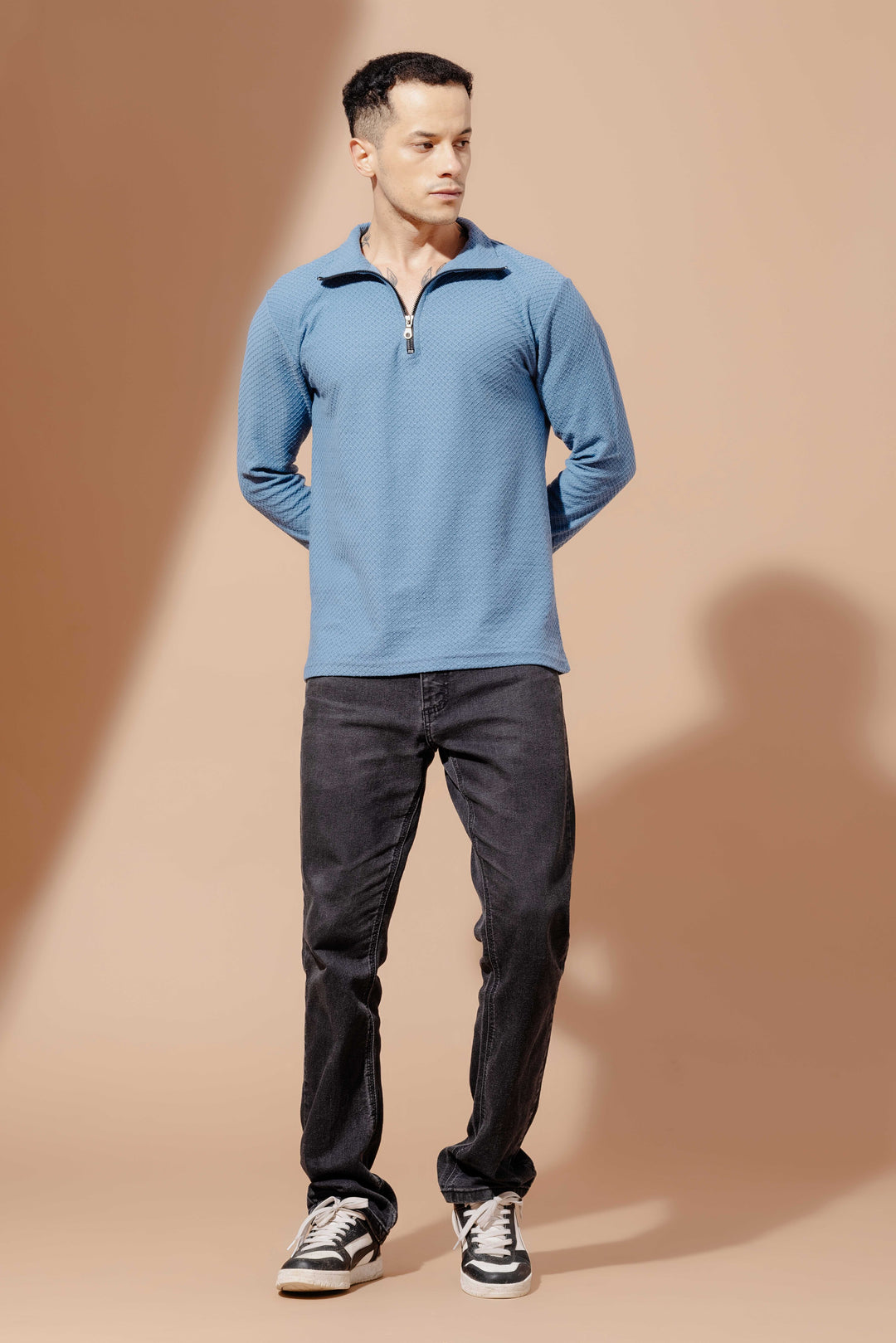 Blue Self Design Zipper Collar T-Shirt