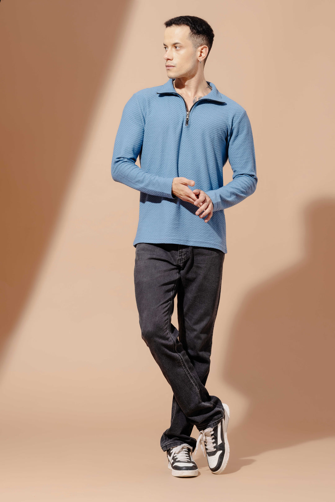 Blue Self Design Zipper Collar T-Shirt