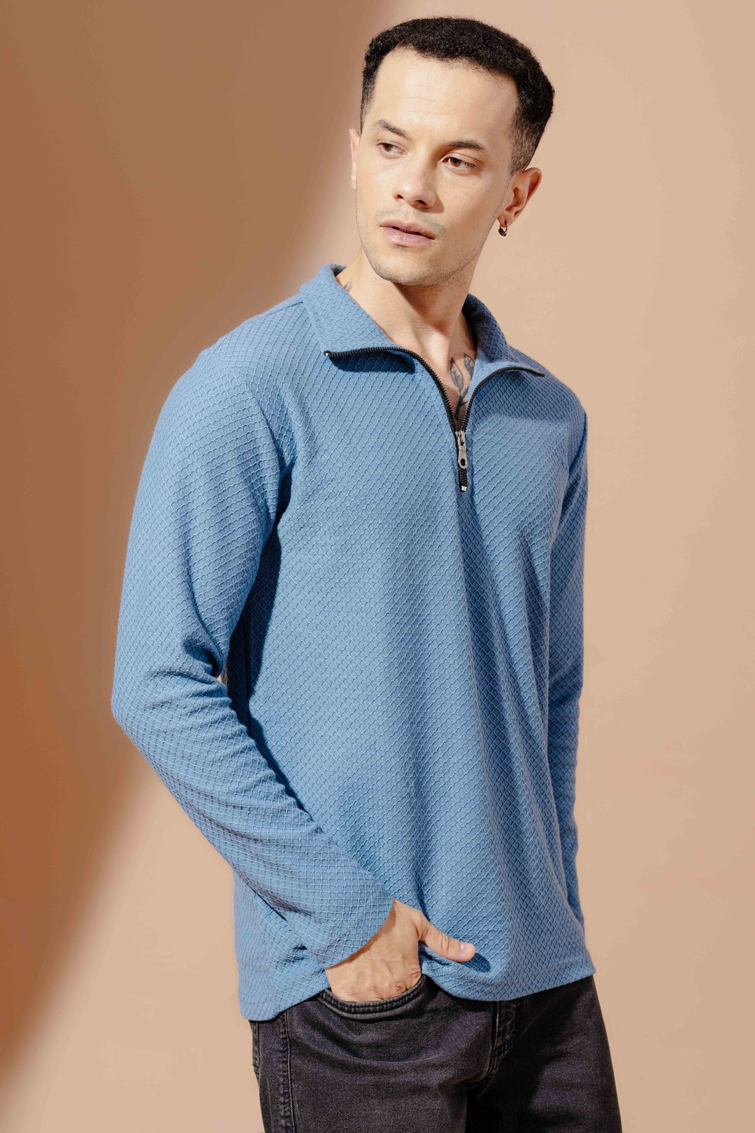 Blue Self Design Zipper Collar T-Shirt