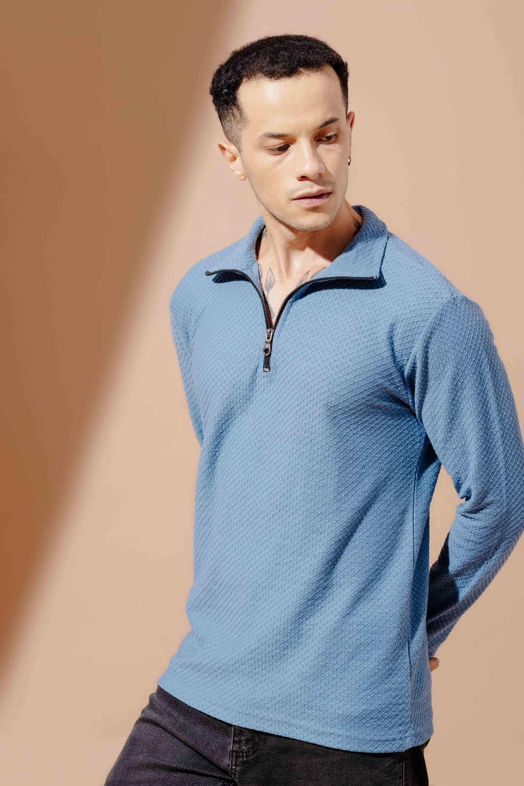 Blue Self Design Zipper Collar T-Shirt