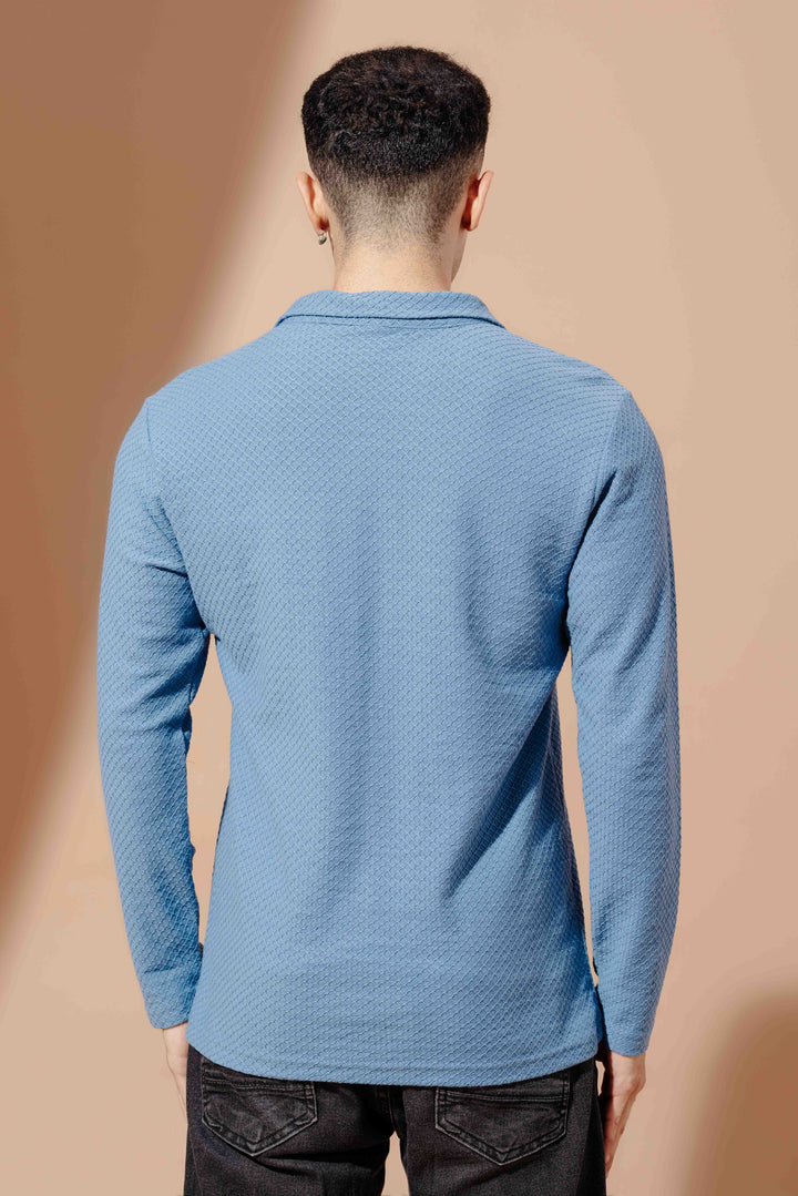 Blue Self Design Zipper Collar T-Shirt