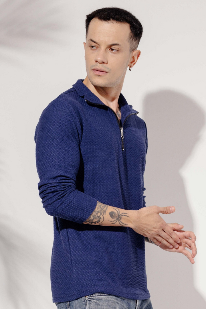 Navy Blue Self Design Zipper Collar T-Shirt