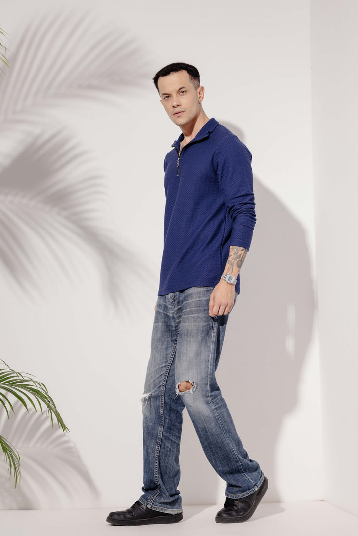 Navy Blue Self Design Zipper Collar T-Shirt