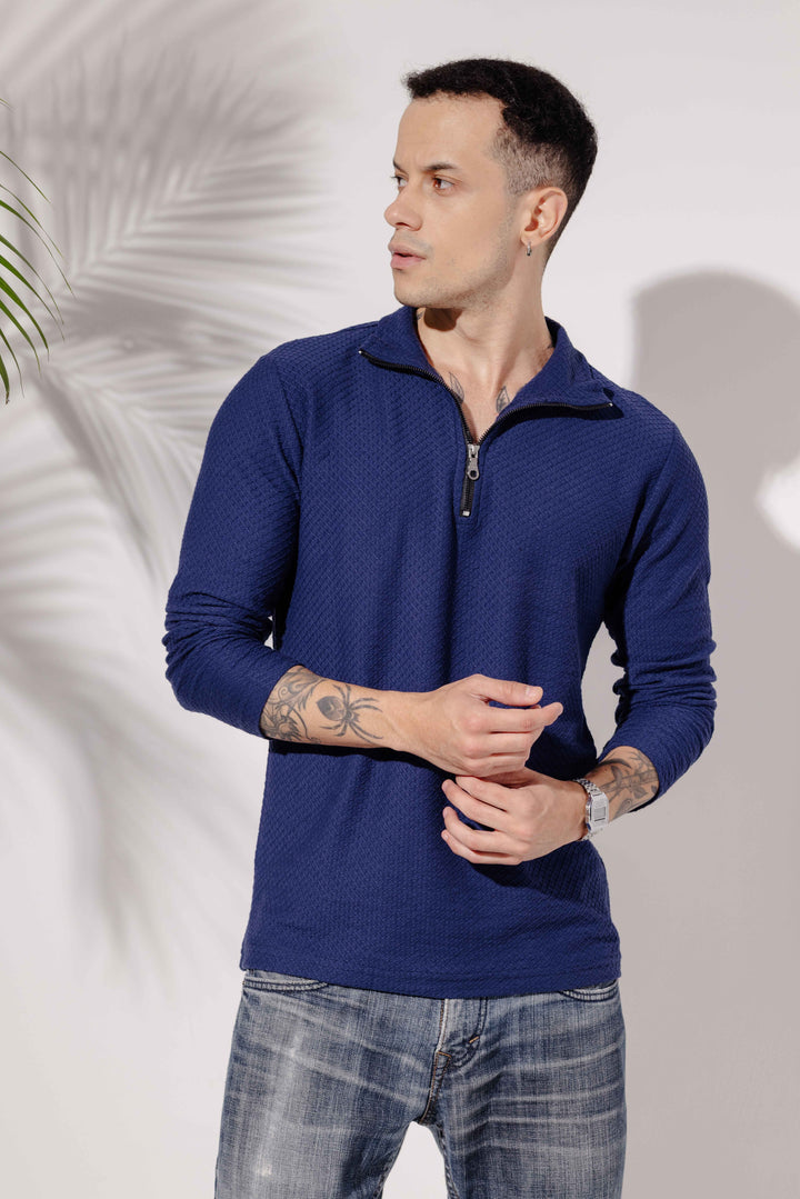 Navy Blue Self Design Zipper Collar T-Shirt