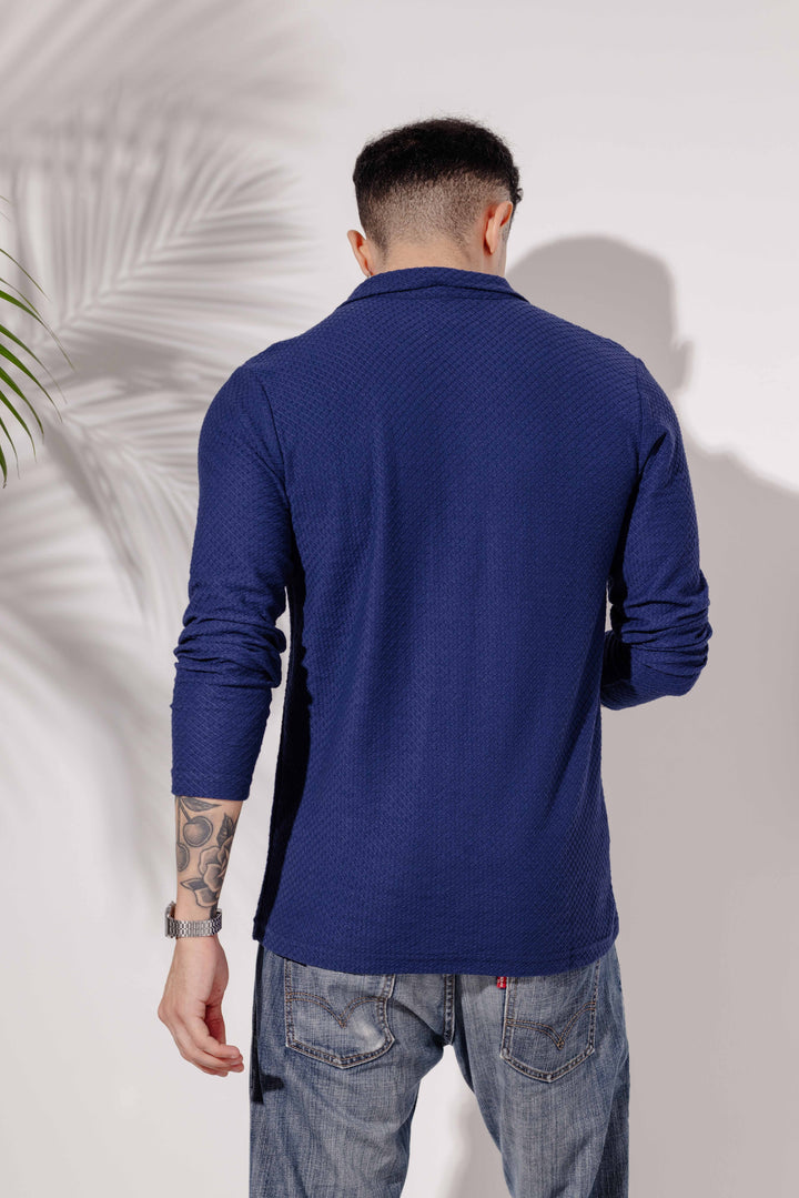 Navy Blue Self Design Zipper Collar T-Shirt