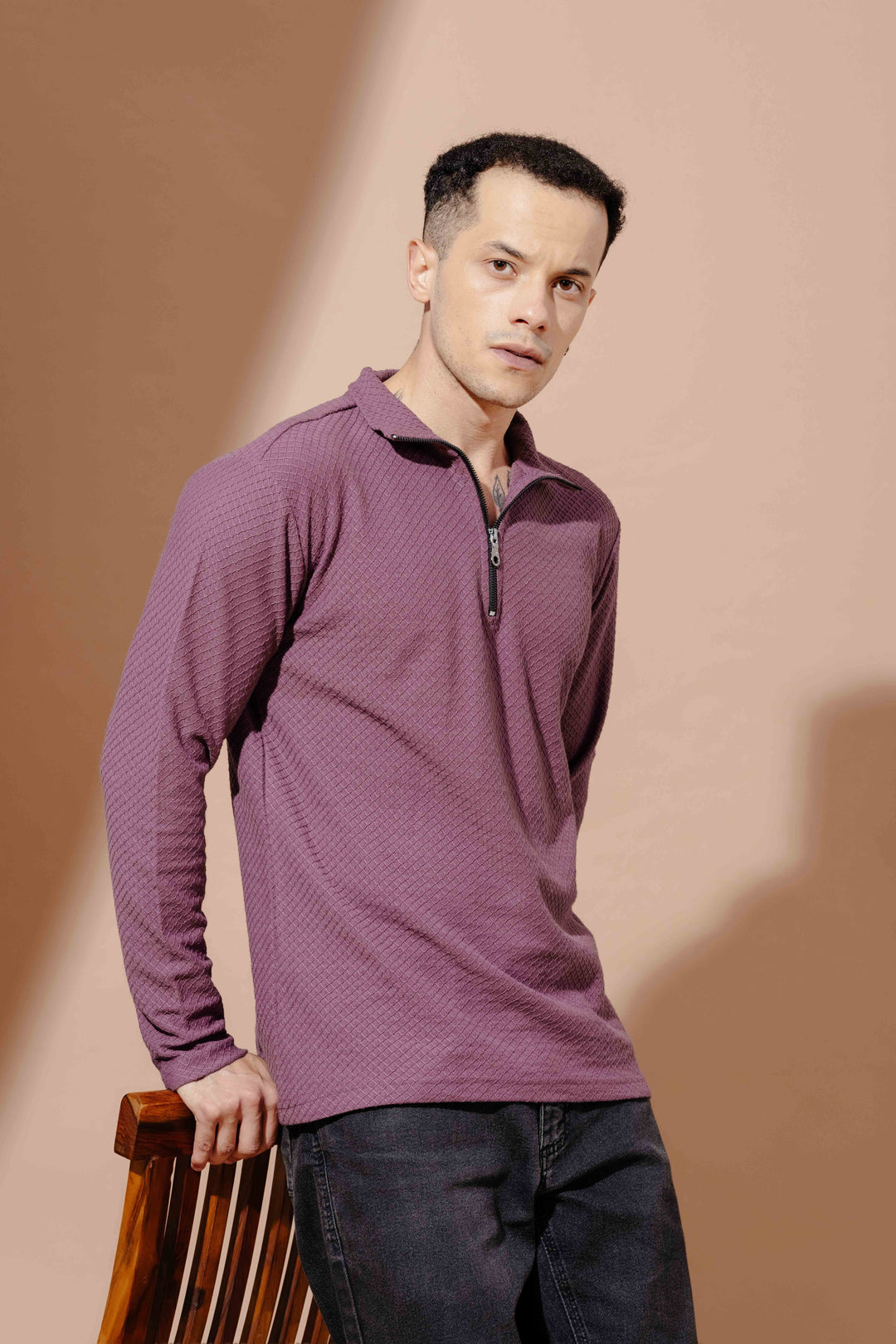 Wine Self Design Zipper Collar T-Shirt