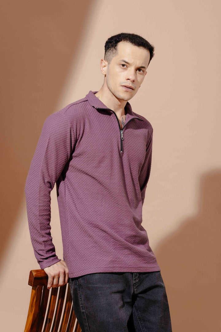 Wine Self Design Zipper Collar T-Shirt