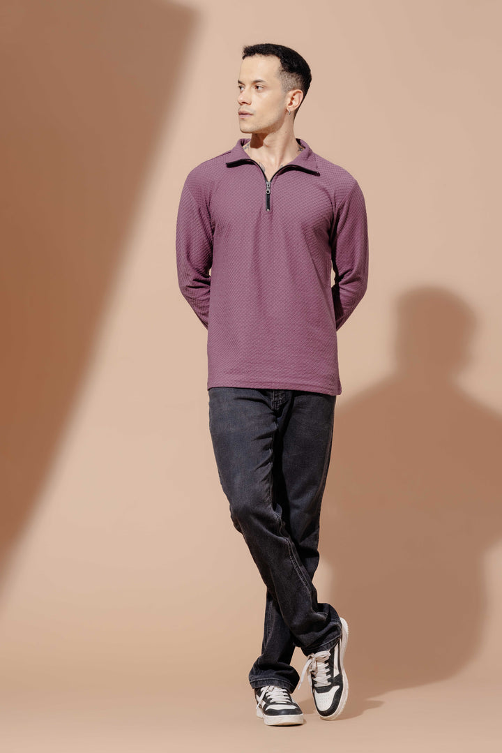 Wine Self Design Zipper Collar T-Shirt