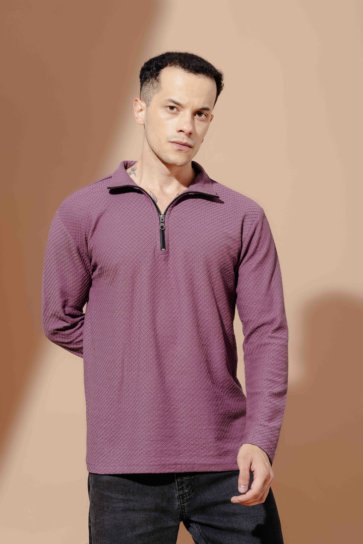 Wine Self Design Zipper Collar T-Shirt