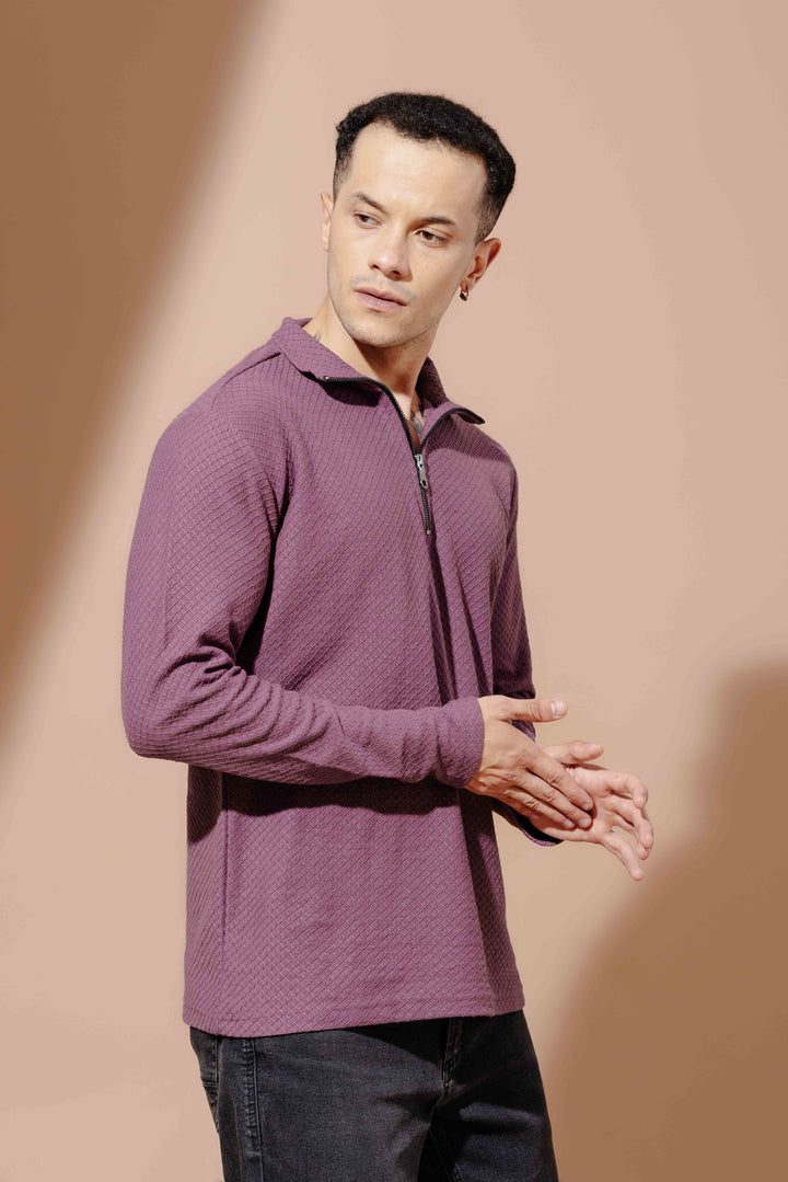Wine Self Design Zipper Collar T-Shirt