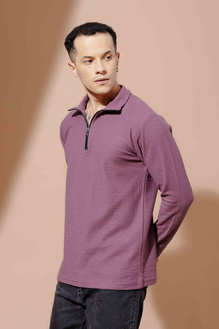 Wine Self Design Zipper Collar T-Shirt
