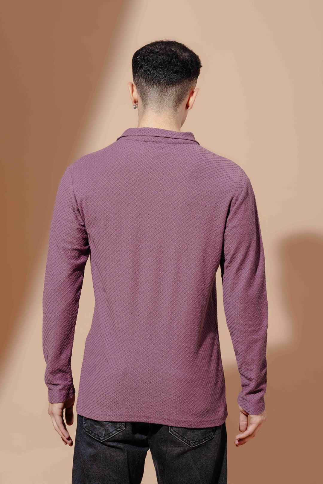 Wine Self Design Zipper Collar T-Shirt