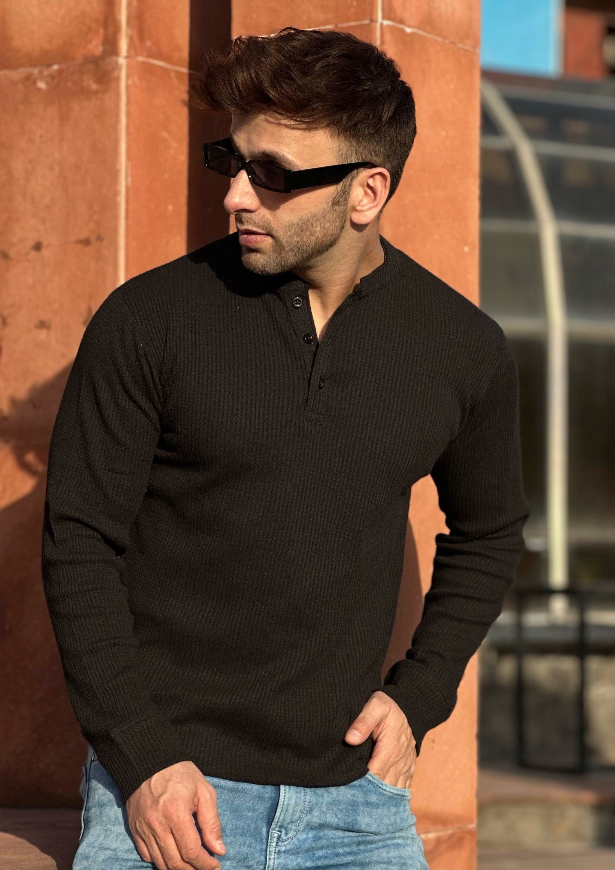 Black & Grey Melange Self Waffle Knit Pack of 2 combo Henley T