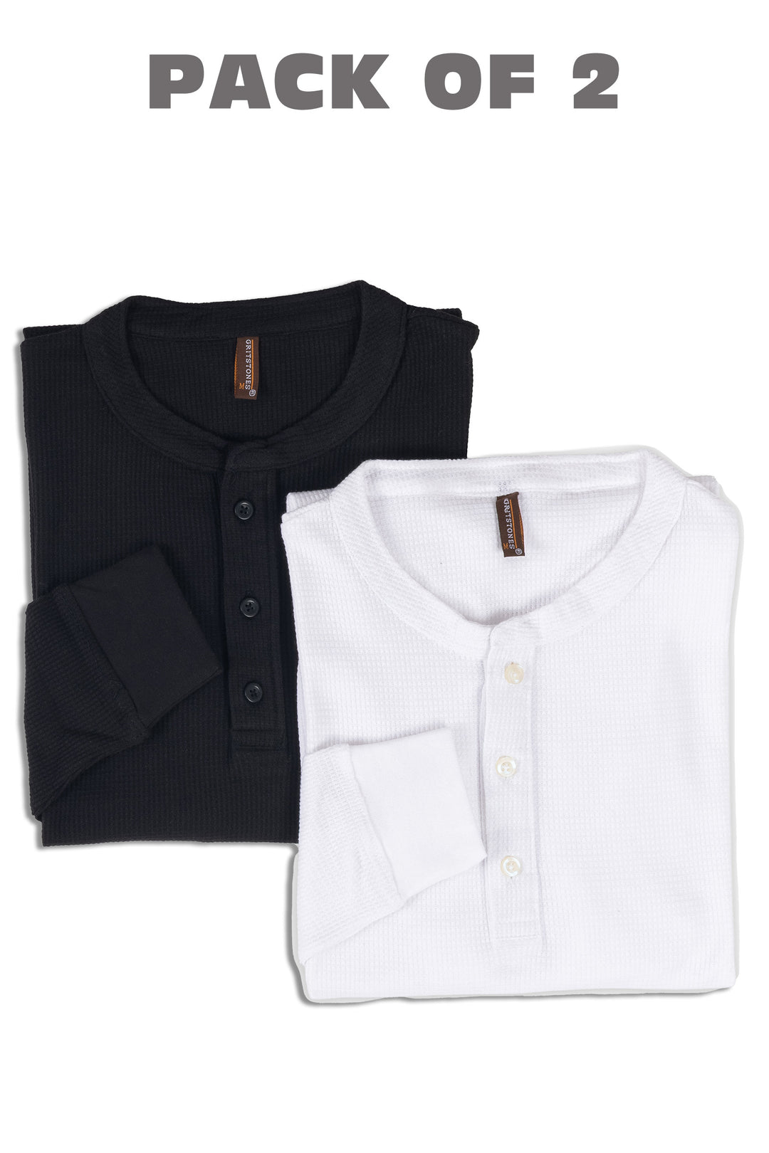 Black & White Self Waffle Knit Pack of 2 combo Henley T-Shirt