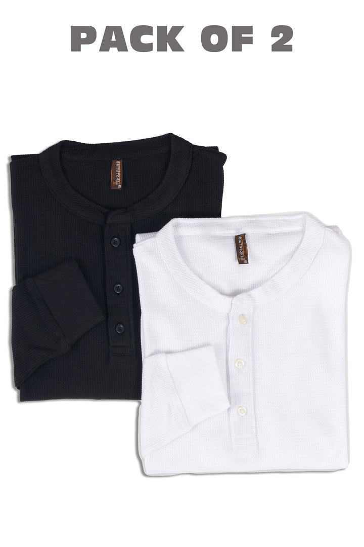 Black & White Self Waffle Knit Pack of 2 combo Henley T-Shirt