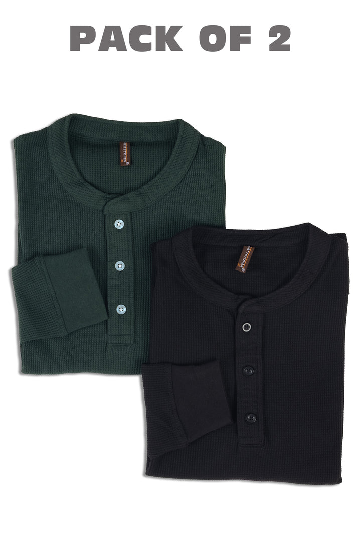 Green & Black Self Waffle Knit Pack of 2 combo Henley T-Shirt