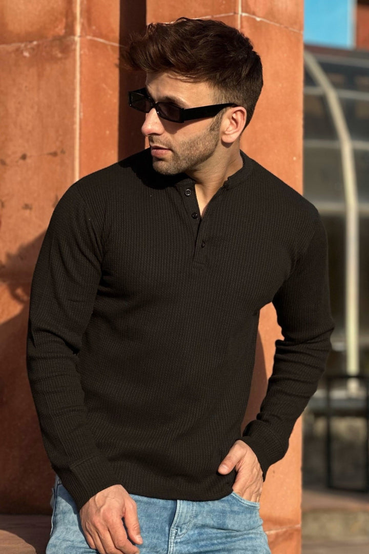 Green & Black Self Waffle Knit Pack of 2 combo Henley T-Shirt