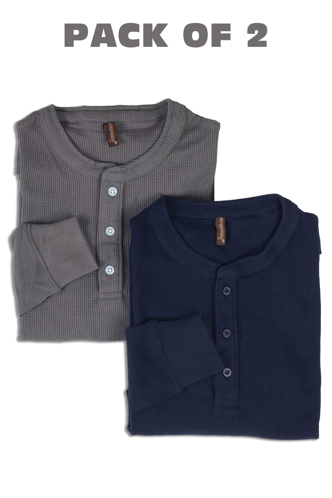 Grey & Navy Self Waffle Knit Pack of 2 combo Henley T-Shirt