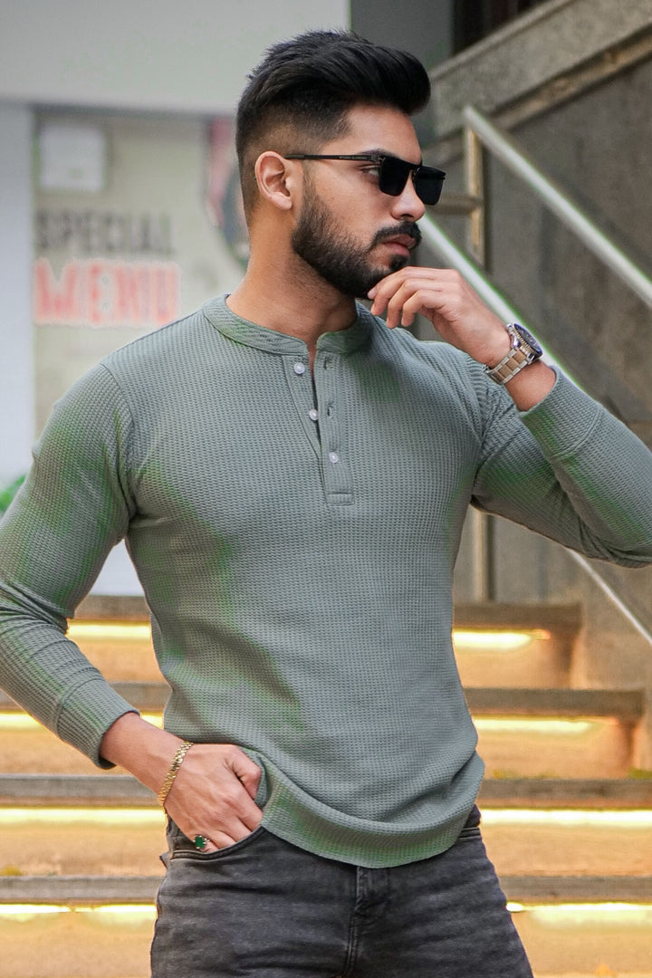 Grey & Navy Self Waffle Knit Pack of 2 combo Henley T-Shirt