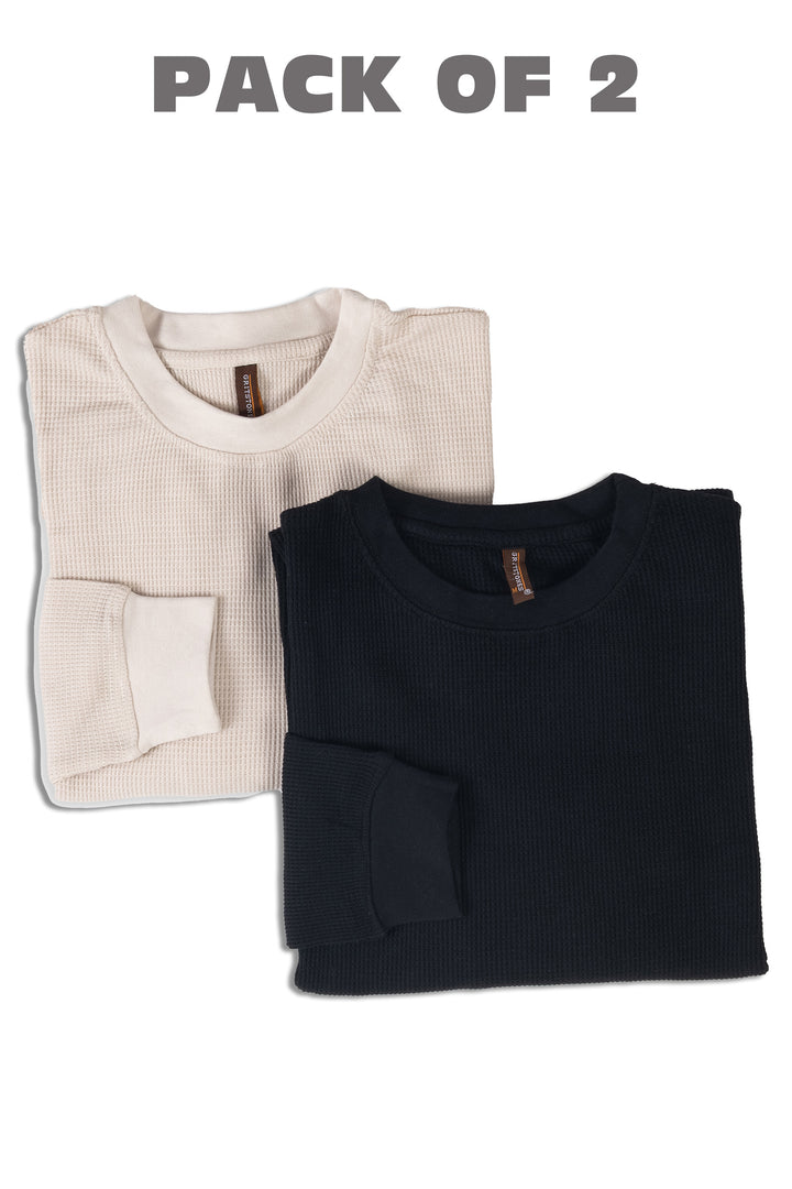 Cream & Black Self Design Waffle Round Neck T-Shirt