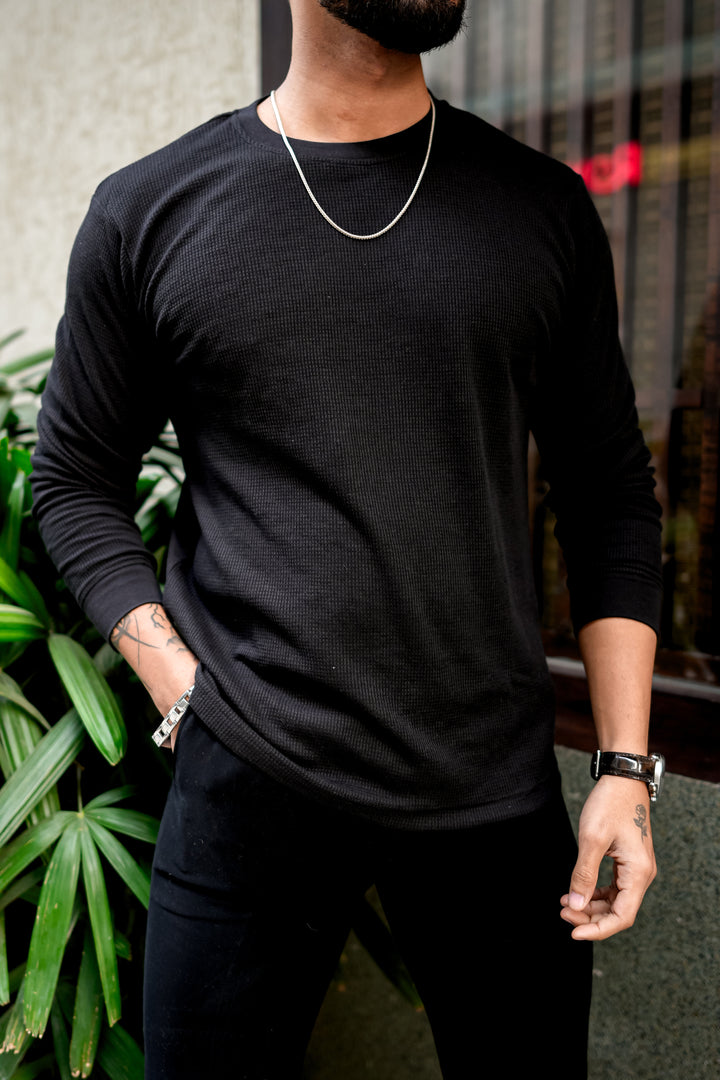 Cream & Black Self Design Waffle Round Neck T-Shirt