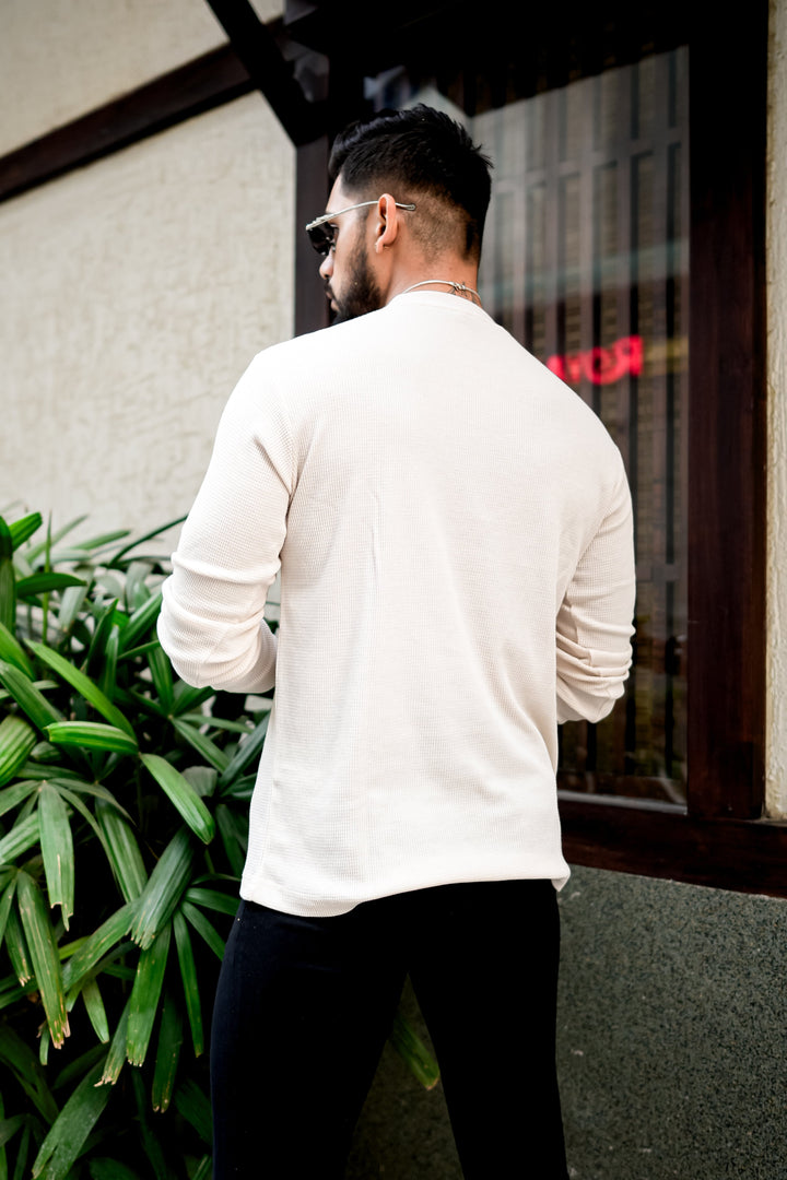 Cream & Black Self Design Waffle Round Neck T-Shirt
