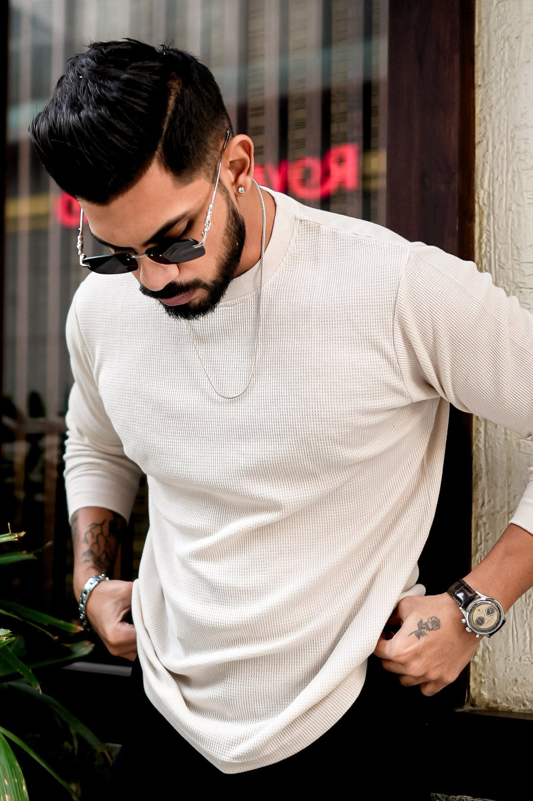 Cream & Black Self Design Waffle Round Neck T-Shirt