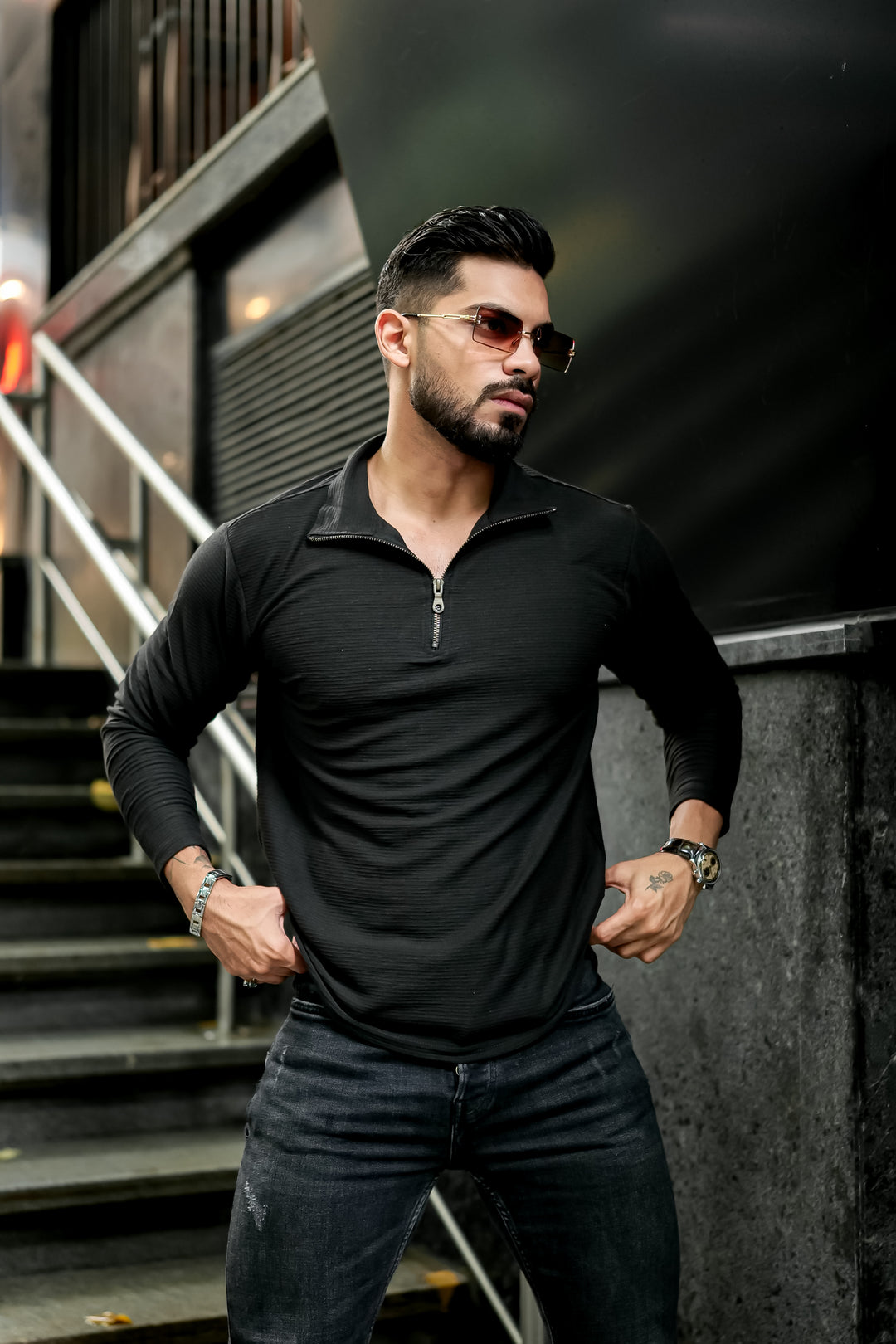 Black & White Self Design pack of 2 combo Zipper T-Shirt