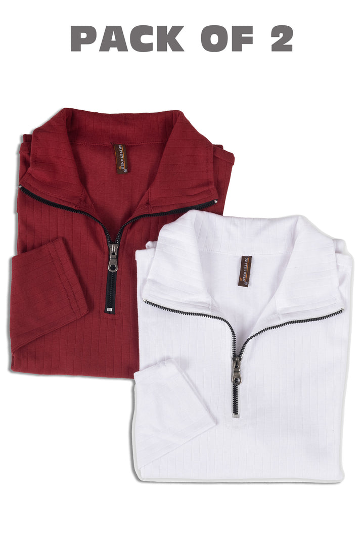 Maroon & White Self Design pack of 2 combo Zipper T-Shirt