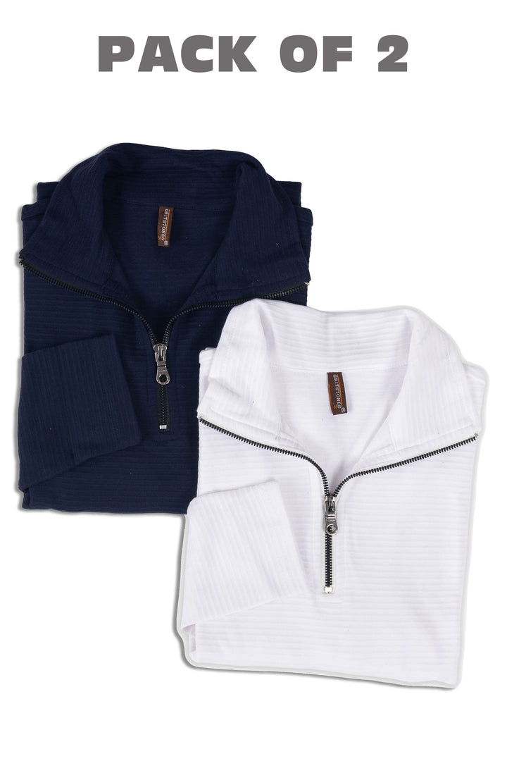 Navy & White Self Design pack of 2 combo Zipper T-Shirt