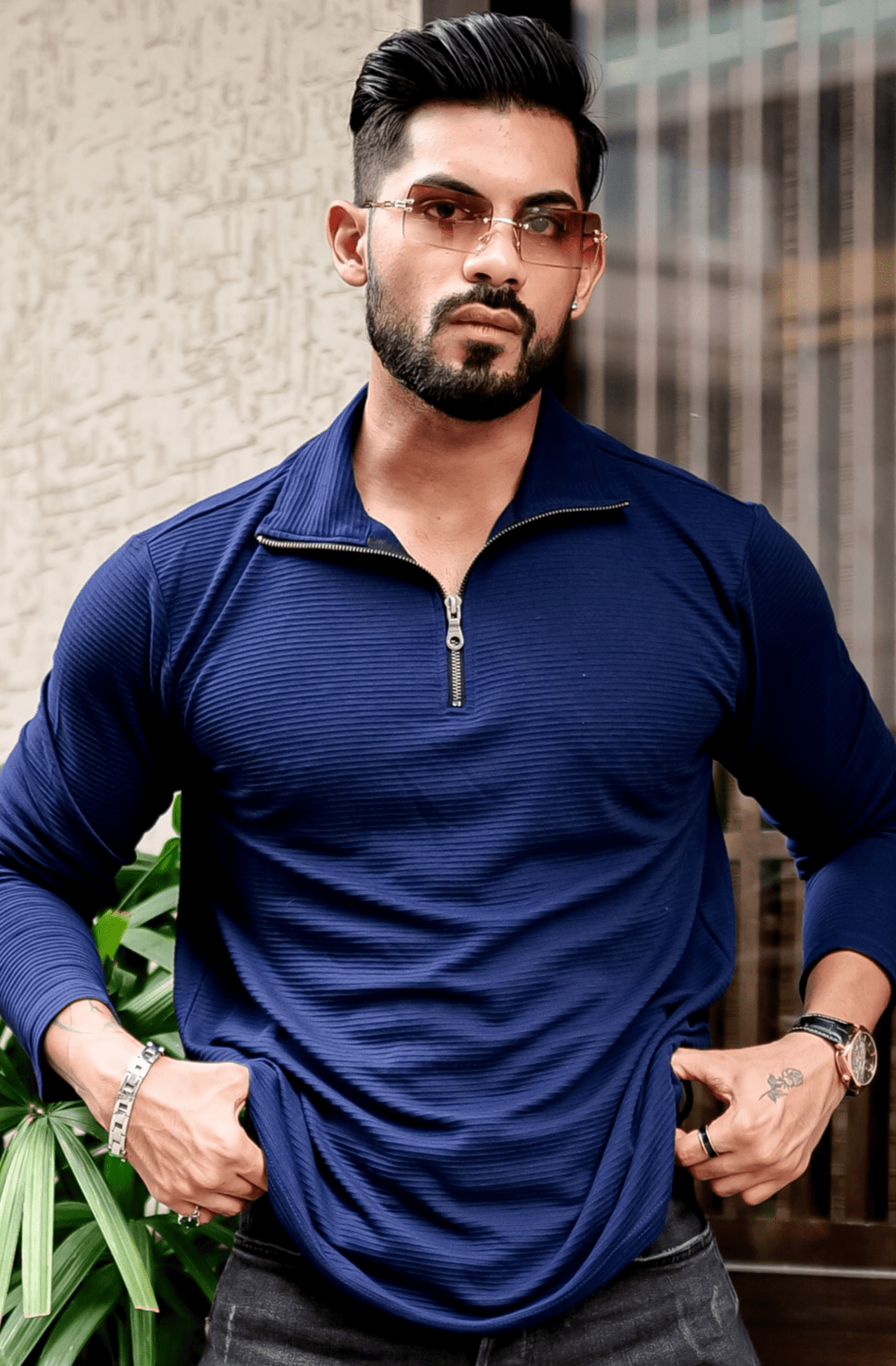 Navy & White Self Design pack of 2 combo Zipper T-Shirt