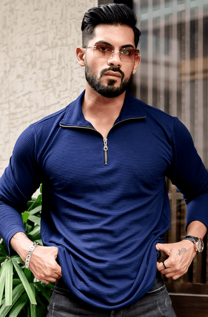 Navy & White Self Design pack of 2 combo Zipper T-Shirt