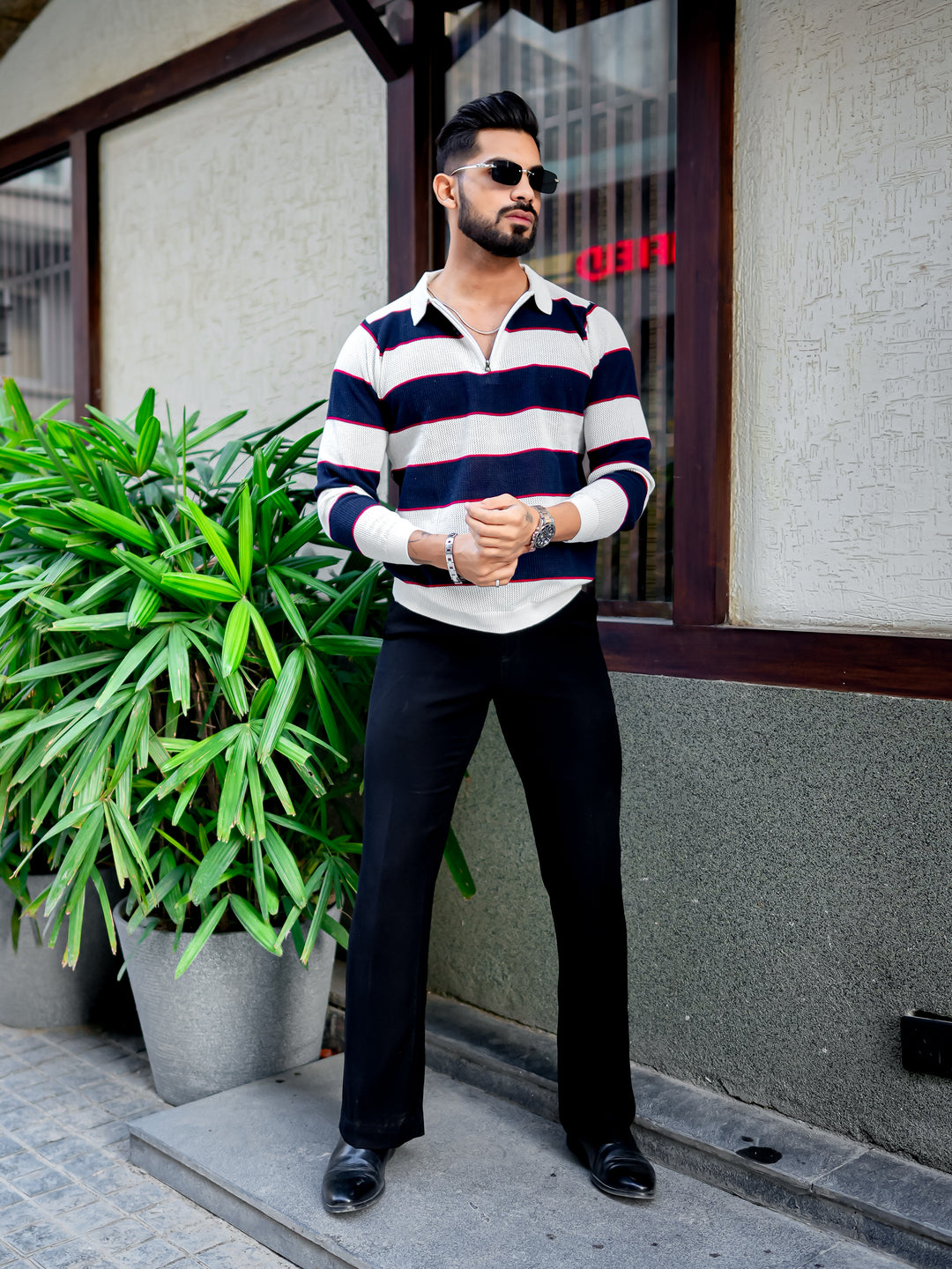 Navy Blue Flat Knit Zipper Pullover