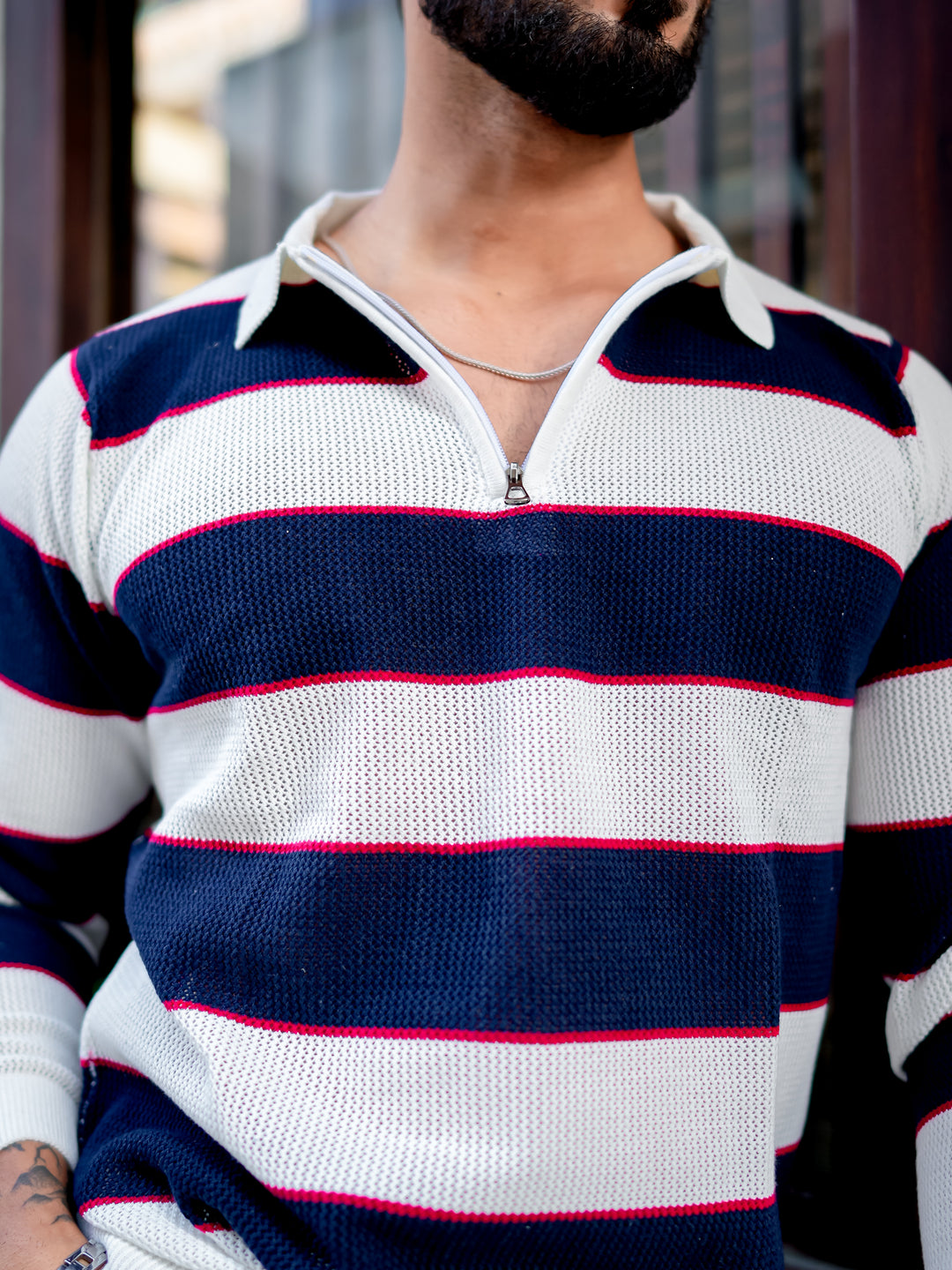 Navy Blue Flat Knit Zipper Pullover