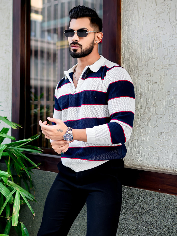 Navy Blue Flat Knit Zipper Pullover