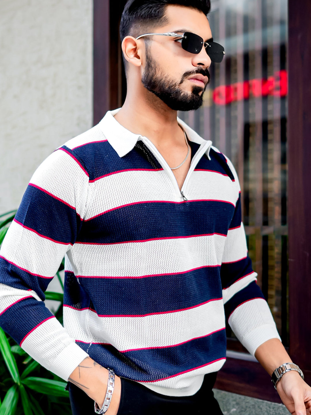 Navy Blue Flat Knit Zipper Pullover