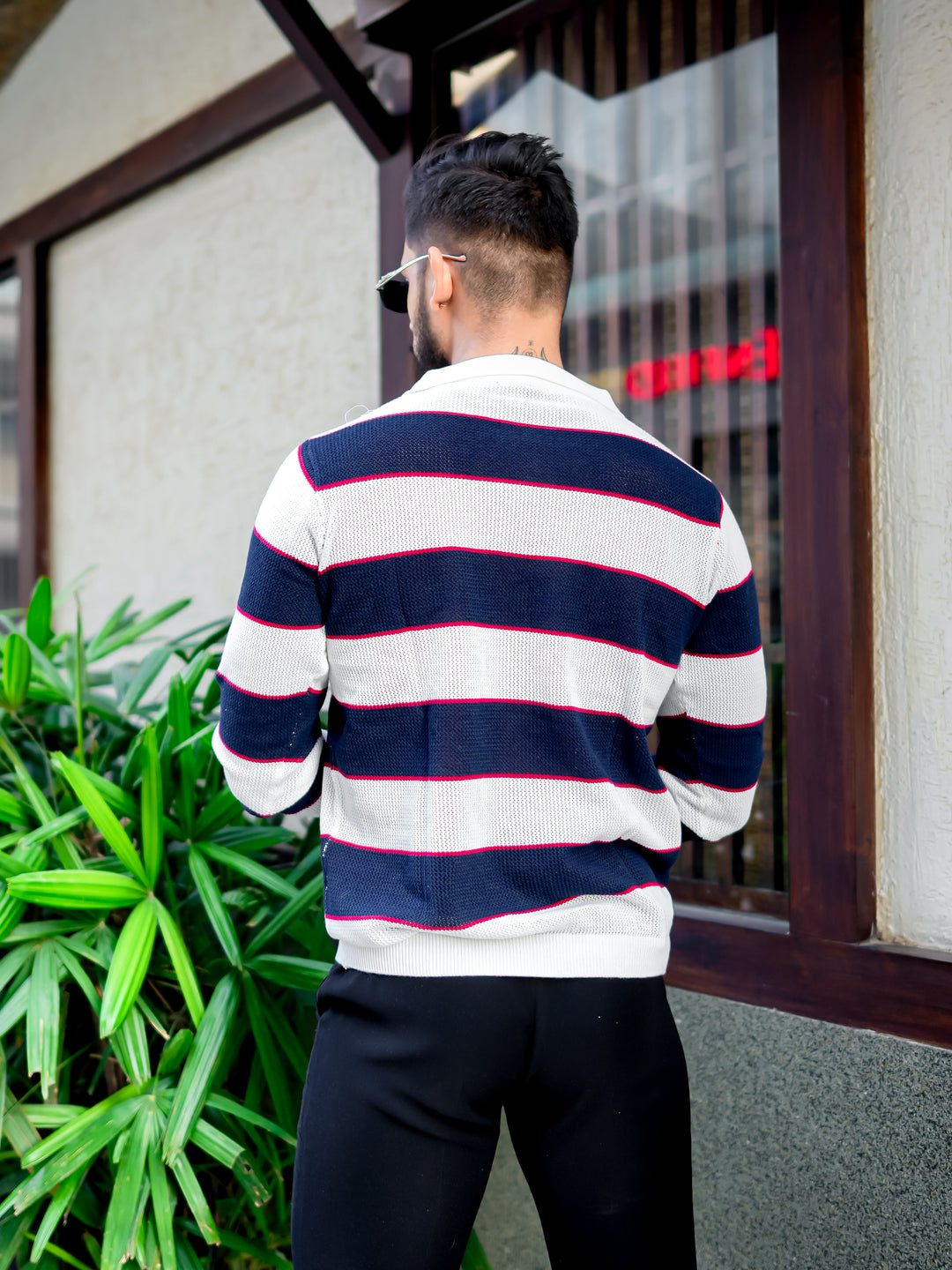 Navy Blue Flat Knit Zipper Pullover