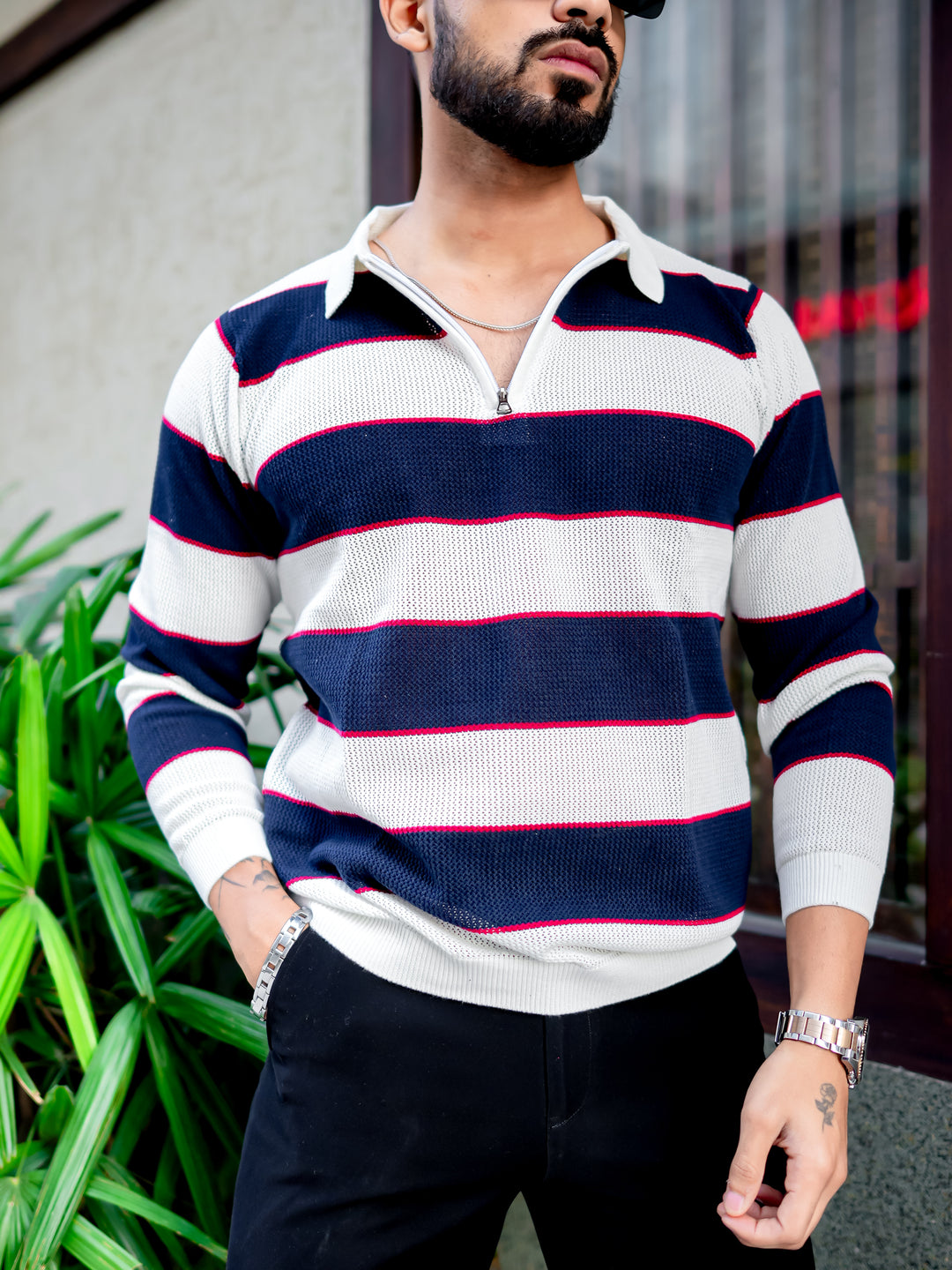 Navy Blue Flat Knit Zipper Pullover