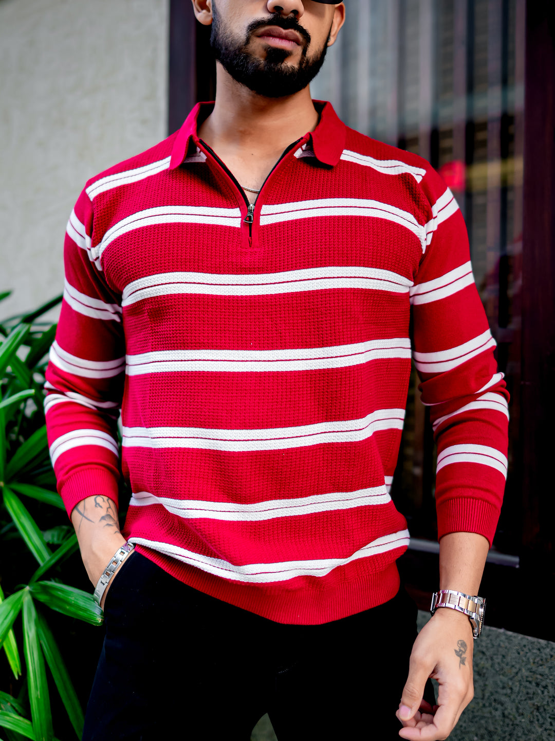 Red Zipper Flat Knit Polo T-shirt