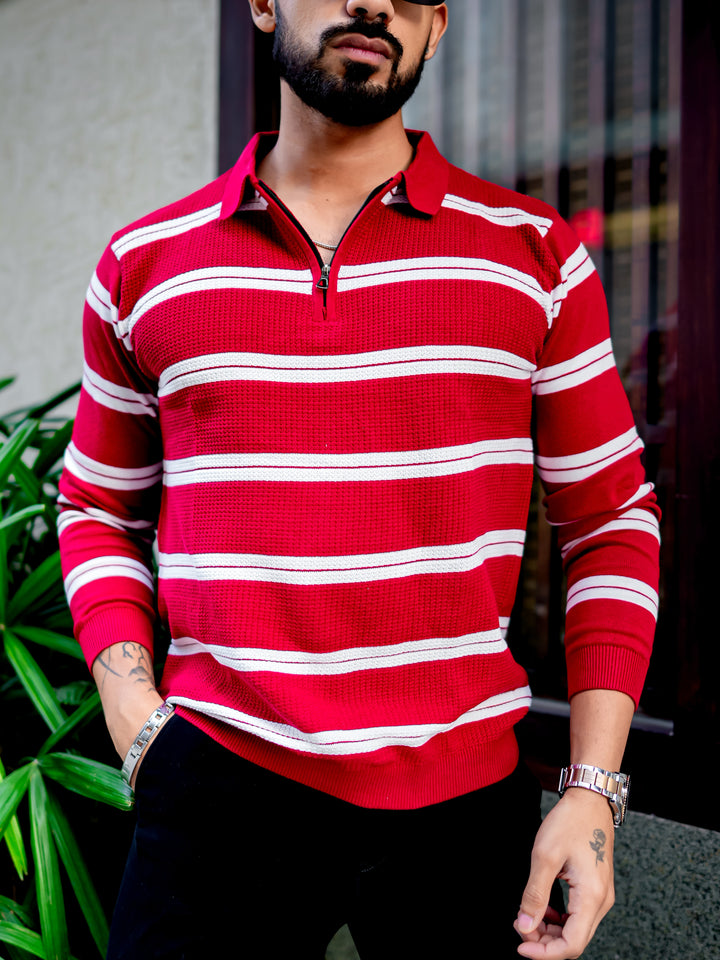 Red Zipper Flat Knit Polo T-shirt