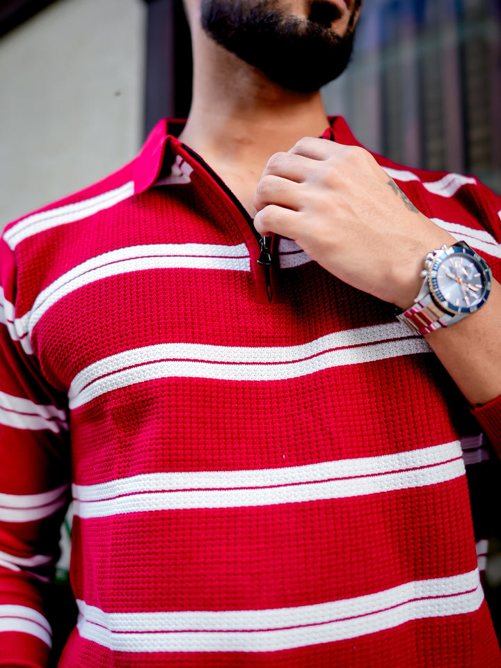 Red Zipper Flat Knit Polo T-shirt