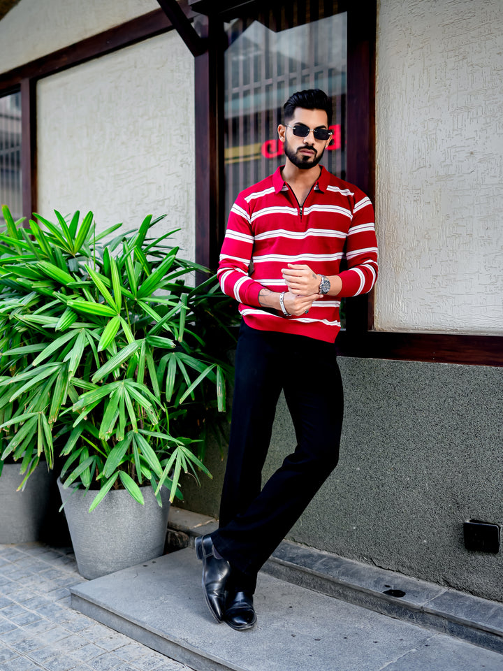 Red Zipper Flat Knit Polo T-shirt