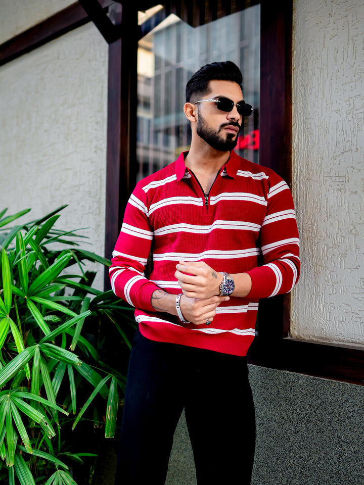 Red Zipper Flat Knit Polo T-shirt